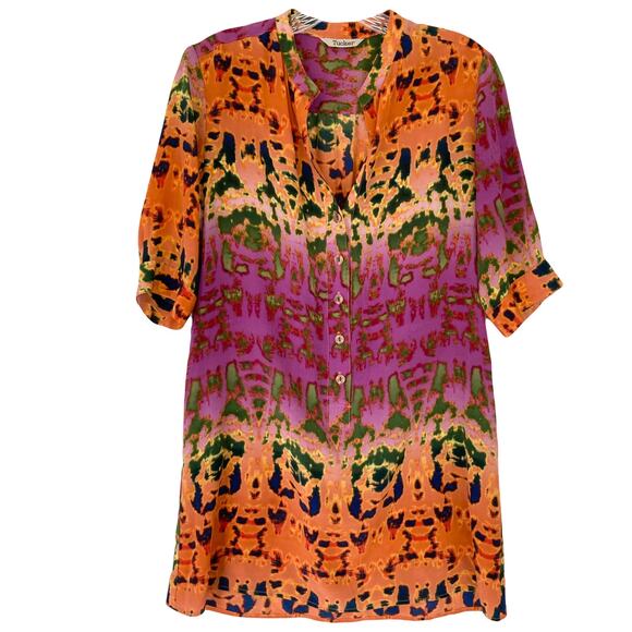 NWOT TUCKER Dress Tunic M Silk Pink Orange Watercolor Tie-Dye V 1/2Sleeve Button